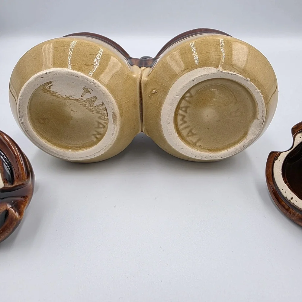 Vintage Condiment Serving Set‎ Lids Stoneware Brown Tan Pottery Double Jelly Jam